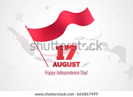 17 August. Indonesia Independence Day greeting card. Celebration background  with map silhouette and waving flag.  Vector illustration