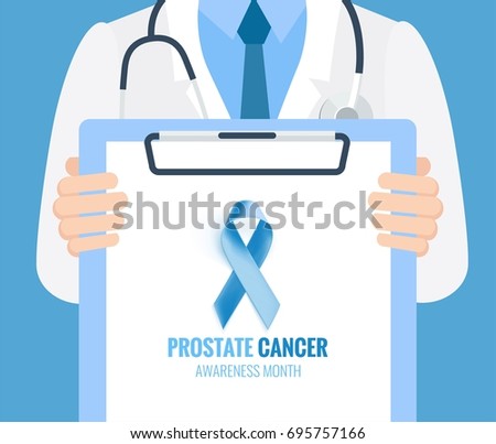 Close-up of a male doctor with lab coat in his office holding a clipboard. September as Prostate Cancer Awareness Month.  Prostate Cancer Ribbon Background. Vector illustration