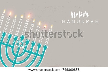 Hanukkah, the Jewish Festival of Lights, festive background with menorah and golden lights.  Golden, beige and turquose colors. Vector illustration