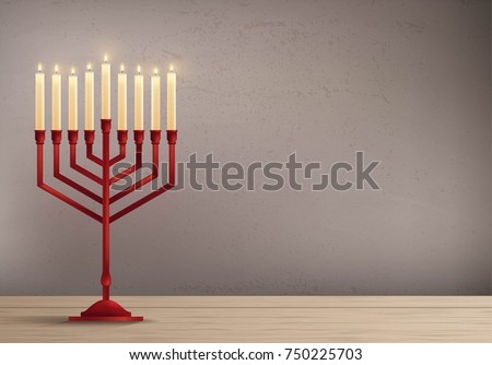 Hanukkah, the Jewish Festival of Lights, festive background with menorah on the table. Vector illustration
