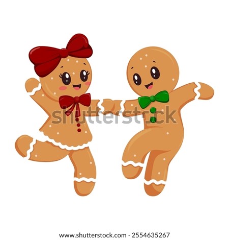 Merry Christmas Dancing Gingerbread Men on white background. Gingerbread Cookies for poster, card, sticker. Flat Christmas vector illustration.