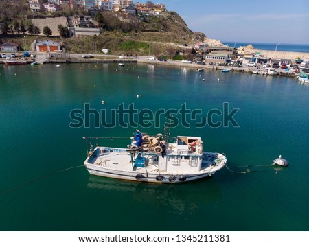 Drone view Karaburun Harbour and fishing boats in sunny summer day. Terkos Istanbul Turkey Stok fotoğraf © 