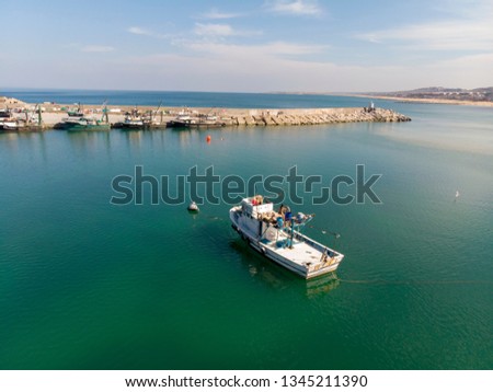 Drone view Karaburun Harbour and fishing boats in sunny summer day. Terkos Istanbul Turkey Stok fotoğraf © 