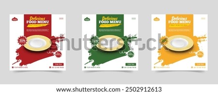 Fast food social media post design web banner template . Food social media post design with plate. Restaurant social media banner. Burger and pizza sale promotion flyer or poster