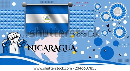 Nicaragua banner for national day with abstract modern design. Nicaragua flag and map with typography. raised fists and embroidery background. independence day. Vector Illustration.