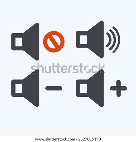 Icons representing different volume controls, including mute, increase, and decrease options. Ideal for audio applications, web design, and user interface development.