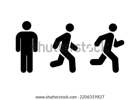 Man stands, walk and run icon set. Man in different poses and positions. Human movement sign. Stand navigation. People symbols isolated white background. Vector illustration