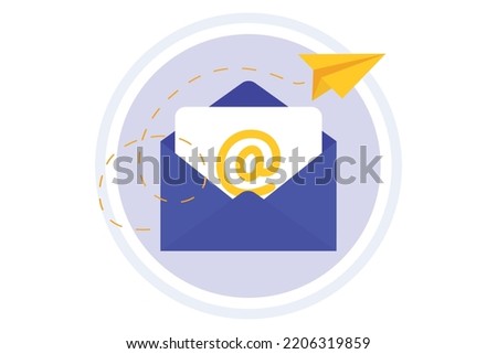Email message. Messaging. New incoming message, mail sending. Open envelope with letter, notification screen and paper plane. Concept sending and receiving mail messages, social network, chat