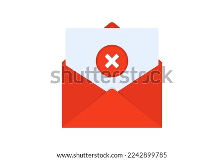 Envelope with rejected letter. Opened envelope and document with tick red cross icon. Rejection email. Vector illustration