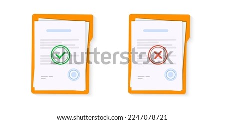 Approved and rejected document. Clipboard with document, red rejected and green approved stamp. Flat vector illustration