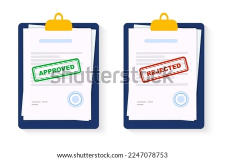 Approved and rejected document. Clipboard with document, red rejected and green approved stamp. Flat vector illustration