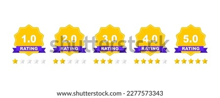 Feedback or rating. Set of rating stars badges with ribbon in a flat design. Customer product rating review. Set of a rating stamp, badge. Rank, level of satisfaction. Vector illustration