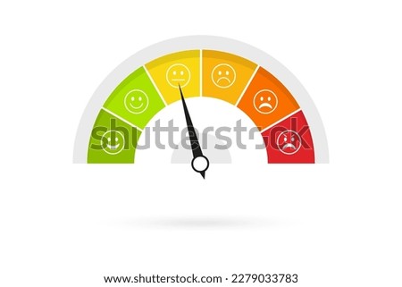 Business indicator, emotional emoticons, indicating quality, level, rating. Customer satisfaction meter. Abstract concept graphic element of tachometer, speedometer, indicators