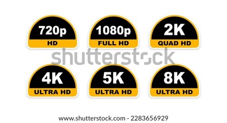 Video dimension labels. Video resolution 720, 1080, 2k, 4k,5k, 8k badges. Quality element. Badges quality. Vector illustration