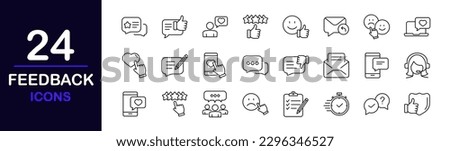Feedback web icons set. Feedback - simple thin line icons collection. Containing rating, testimonials, quick response, satisfaction, review, emotion symbols and more. Simple web icons set
