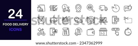 Food delivery web icons set. Restaurant food delivery - simple thin line icons collection. Containing is food box, courier on bike, door contactless delivery, fast food, dinner. Simple web icons set