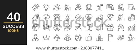 Success web icons set. Business success - simple thin line icons collection. Containing leadership, goals, ambition, achievement, challenge, reward, winner, star, cup, and more. Simple web icons set