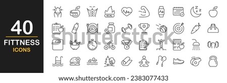 Fitness web icons set. Sport and fitness - simple thin line icons collection. Containing gym, healthy lifestyle, exercise, diet, weight training, body care, workout and more. Simple web icons set