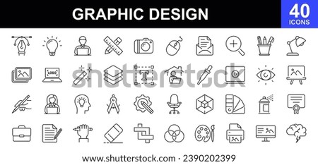 Graphic design web icons set. Web design - simple thin line icons collection. Containing creative process, paintbrush, prepress, palette, digital creative tool, layout and more. Simple web icons set