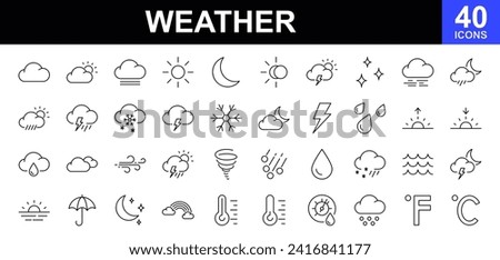 Weather web icons set. Weather forecast - simple thin line icons collection. Containing clouds, temperature, sunny day, rain, wind and more. Simple web icons set
