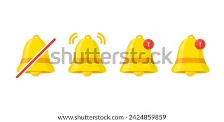 Notification bell icon set. New message notification icon. Incoming inbox message. Alarm symbol. Ringing bells, new notification for clock and smartphone, alarm alert. Vector illustration