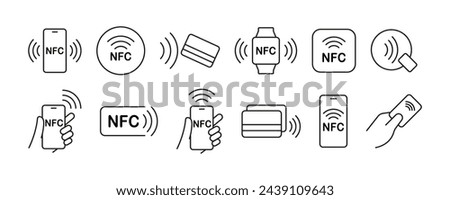 Nfc icon set. Contactless wireless pay sign logo. NFC payments icon for apps. Contactless NFC payment sign. NFC payment with smartphone icons. Vector illustration