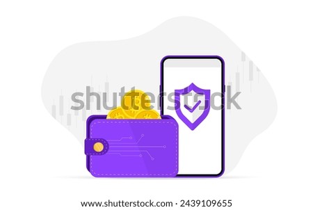 Crypto wallet vector illustration with mobile smartphone. Digital wallet technology for cryptocurrency bitcoin. E-payment concept. International money transfer vector illustration