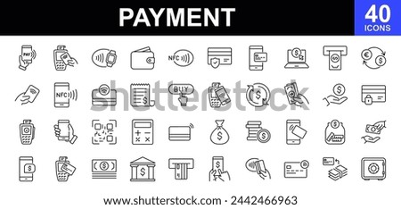 Payment. Linear icon set. Payment options. Payment vector icons. Outline payment method symbols. Money transfer. Banking, credit card, cash and transaction symbol. Vector illustration