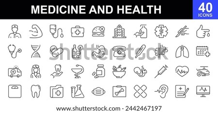 Medicine and health. Line icons set. Medical icons set. Medicine, check up, doctor, dentistry, lab, health and more. Linear icon collection. Vector illustration