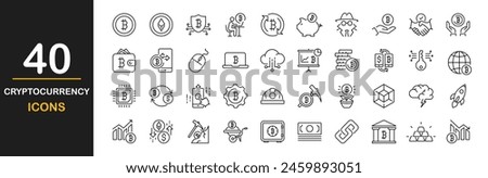 Cryptocurrency icon set. Blockchain technology icon set. Contains such icons as bitcoin, wallet, chip, mining, cryptography, exchange, payment and more. Vector illustration