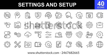 Setting and setup icon set. UI icon set. Contains such icons as gear, adjustments, setup, preferences, containing options, controls, service, operation icons and more. Vector illustration