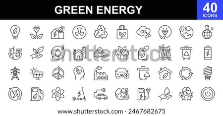 Green energy icon set. Collection of renewable energy, ecology and green electricity icons. Ecology concept.Contains such icons as CO2 neutral, solar, geothermal and wind energy and more