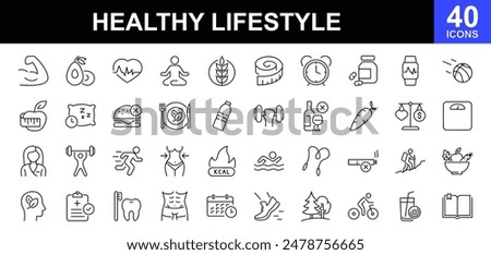 Healthy lifestyle icon set. Contains such Icons as diet, exercise, sleep, running, routine, gym, nutrition, cardio exercises, sports supplements, yoga, self-care, culture and hobbies icons