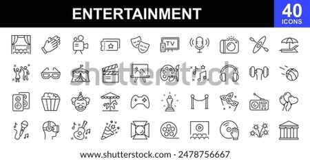 Entertainment icon set. Entertainment and arts icon collection. Contains such Icons as theater, cinema, video, dance, game, music arts, photo and more. Vector illustration