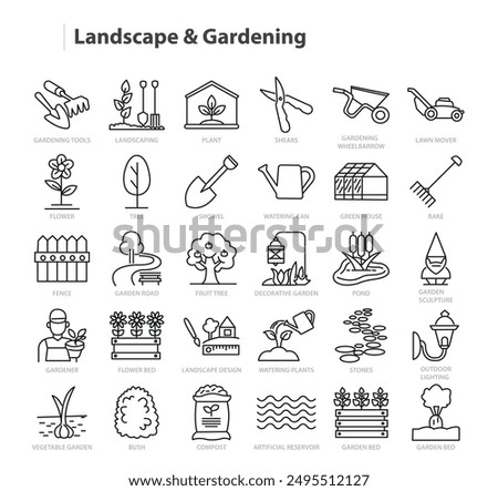 Gardening and Landscape Line Vector Icon Collection. A set of outline icons related to Garden tools, Flower, Tree, Greenhouse, Landscaping, Rake, Bush and more. Editable stroke. Vector illustration