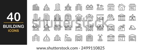 Building icon set. Containing house, office, bank, school, hotel, shop, university, hospital, church, museum, mosque, skyscraper, factory, architecture, city and more. Vector illustration