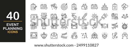 Event planning icon set. Icons in linear style collection. Containing decorations, venue, event planner, registration, entertainment, catering, invitations, coordination and more. Vector illustration