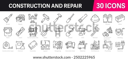 Construction and Repair Outline Vector Icon Collection. A set of outline icons related to Tools, equipment, Plumbing, Design, Roller, Construction site and more. Editable stroke. Vector illustration