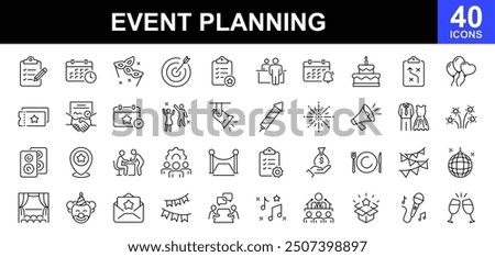 Event planning icon set. Icons in linear style collection. Containing decorations, venue, event planner, registration, entertainment, catering, invitations, coordination and more. Vector illustration