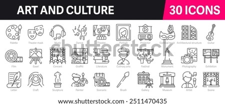 Art and Culture Outline Vector Icon Collection. A set of outline icons related to artist, painting, museum, architecture, image, music, creative and more. Editable stroke. Vector illustration