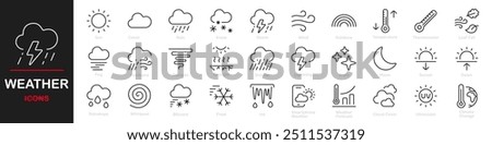 Set of 30 outline icons related to weather. This outline icon set includes sunshine, clouds, rain, snow, thunderstorms, wind, temperature, and more. Editable stroke. Vector illustration