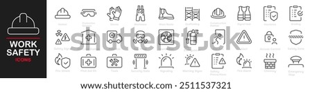 Set of 30 outline icons related to work safety. This outline icon set includes protection, emergency, first aid, evacuation, fire, danger warnings, and more. Editable stroke. Vector illustration