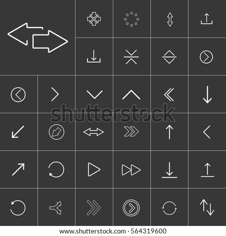 thin line arrow icon set for use in different applications, media libraries. On a gray background