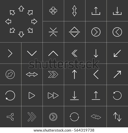 thin line arrow icon set for use in different applications, media libraries. On a gray background