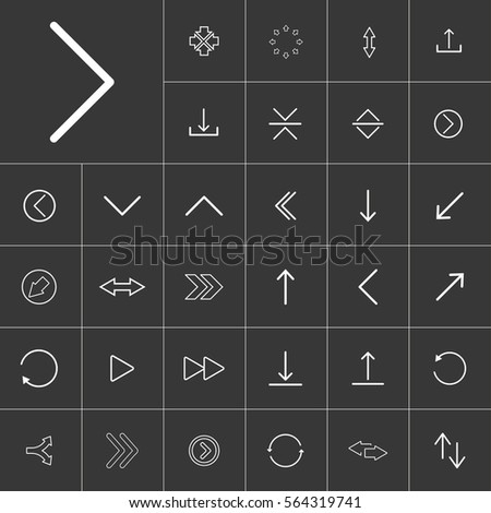 thin line arrow icon set for use in different applications, media libraries. On a gray background