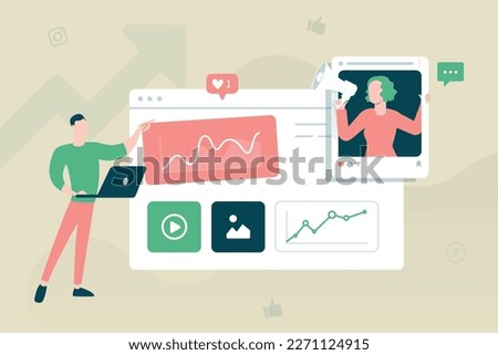 Trendy illustration with a green background, which depicts a guy with a laptop and a girl with a loudspeaker. Behind them hang the windows of dashboards with charts. Dribbble style.