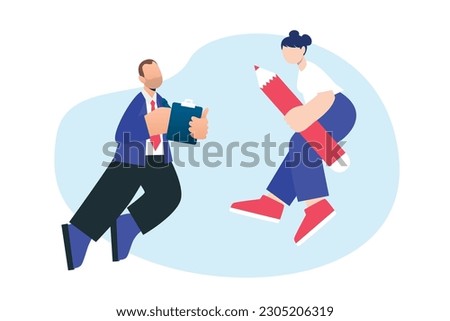 Trendy illustration with a white background, which depicts a man with a paper tablet and a girl with a pencil. There are blue spots on the background. Dribbble style.