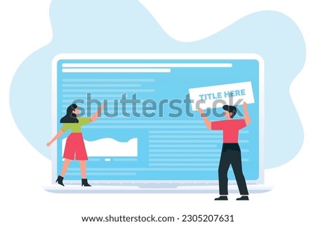 Trendy illustration with a white background, which depicts a guy with a girl in front of a large laptop. They are engaged in the layout of the website. There are blue spots on the background. Dribbble