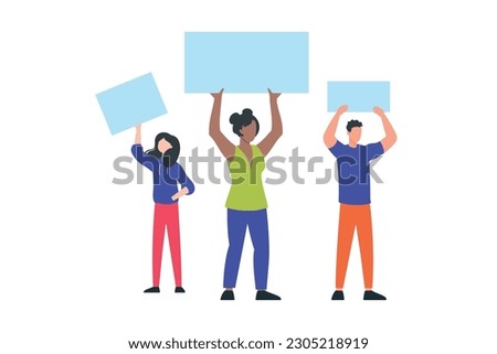 Trendy illustration with a white background, which depicts three protesting people at a demonstration with placards in their hands. Dribbble style.