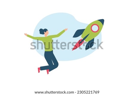Trendy illustration with a white background, which depicts a girl jumping for joy. Next to her, a rocket takes off into the sky. Dribbble style.